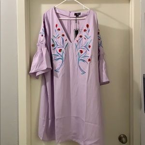 Embroidered lavender v neck bell sleeved dress